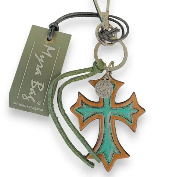 Myra Bag Leather Turquoise Elegance Cross Key Fob Bag Charm - New - Picture 2 of 4